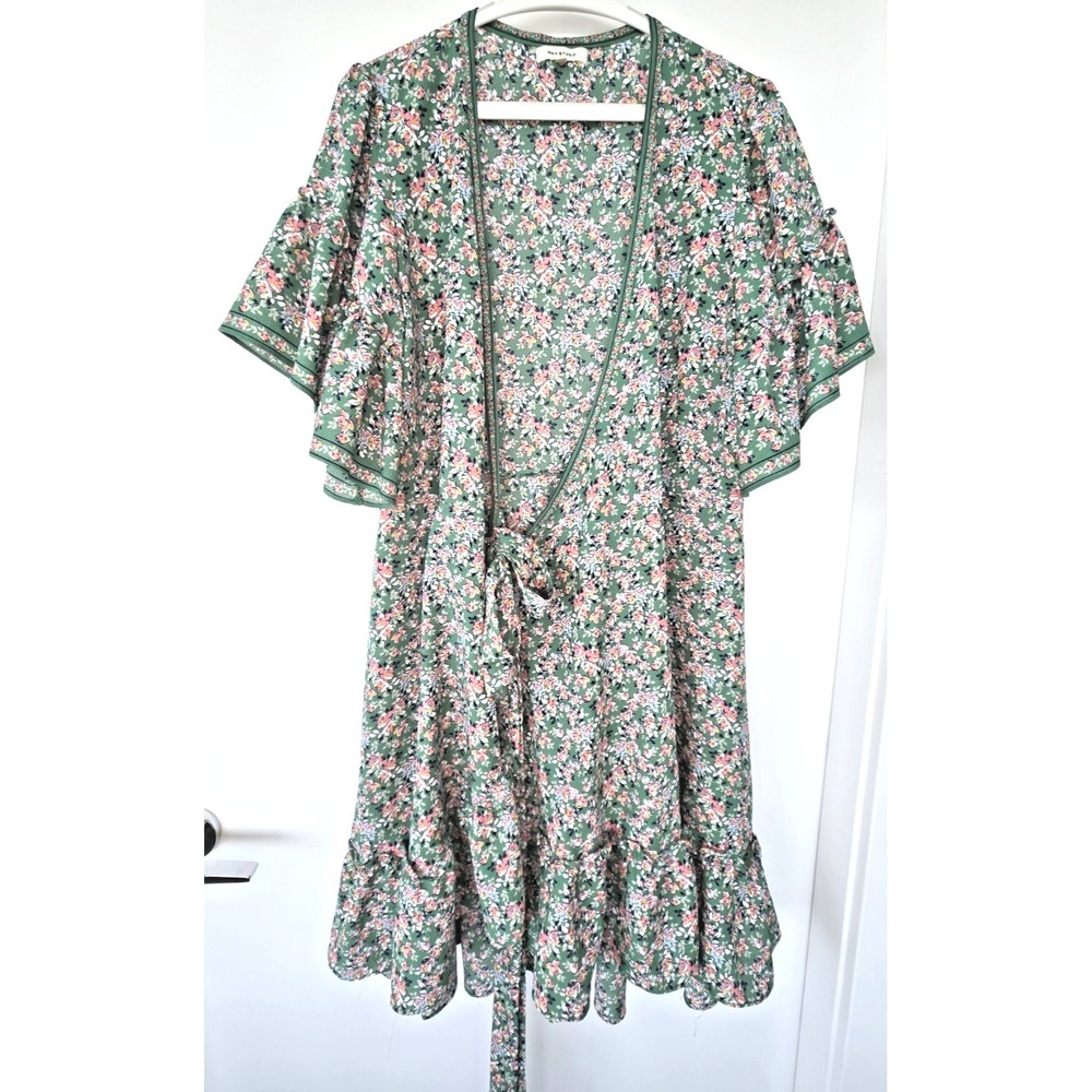 Max Studio Floral Print Midi Wrap Dress Ruffles Hem Waist Strap Ribbon W's L